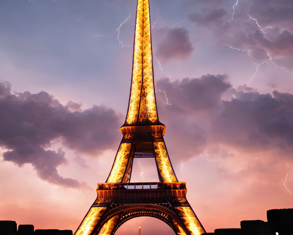 Iconic Eiffel Tower illuminated at twilight with lightning strikes