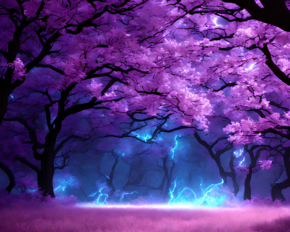 Mystical forest with vibrant purple and pink hues and cherry blossom trees