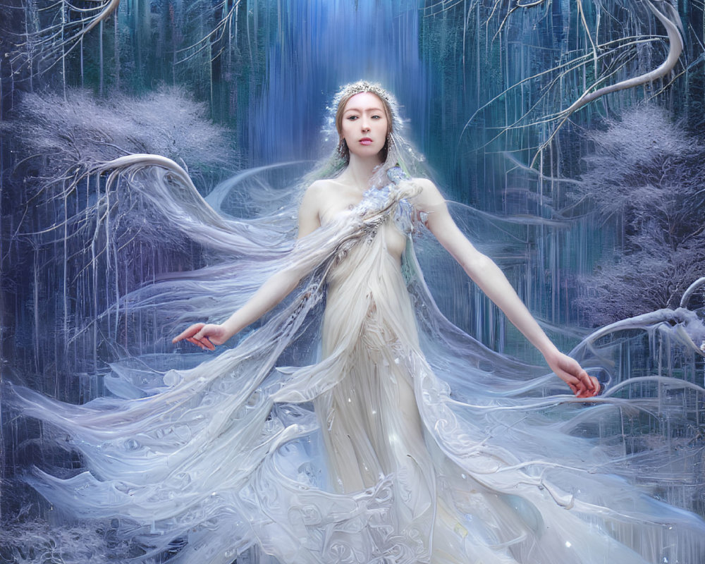 Woman in flowing white gown in mystical icy forest with bare branches and soft blue glow