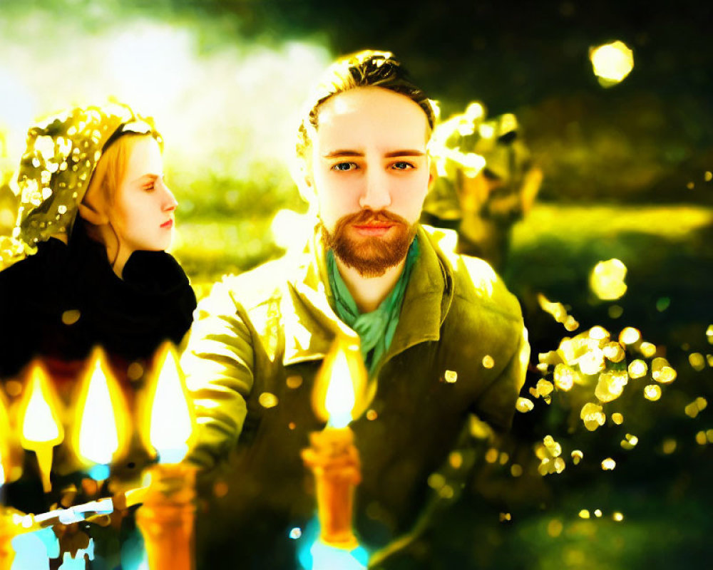 Stylized image of two contemplative people with candles in dreamlike ambiance