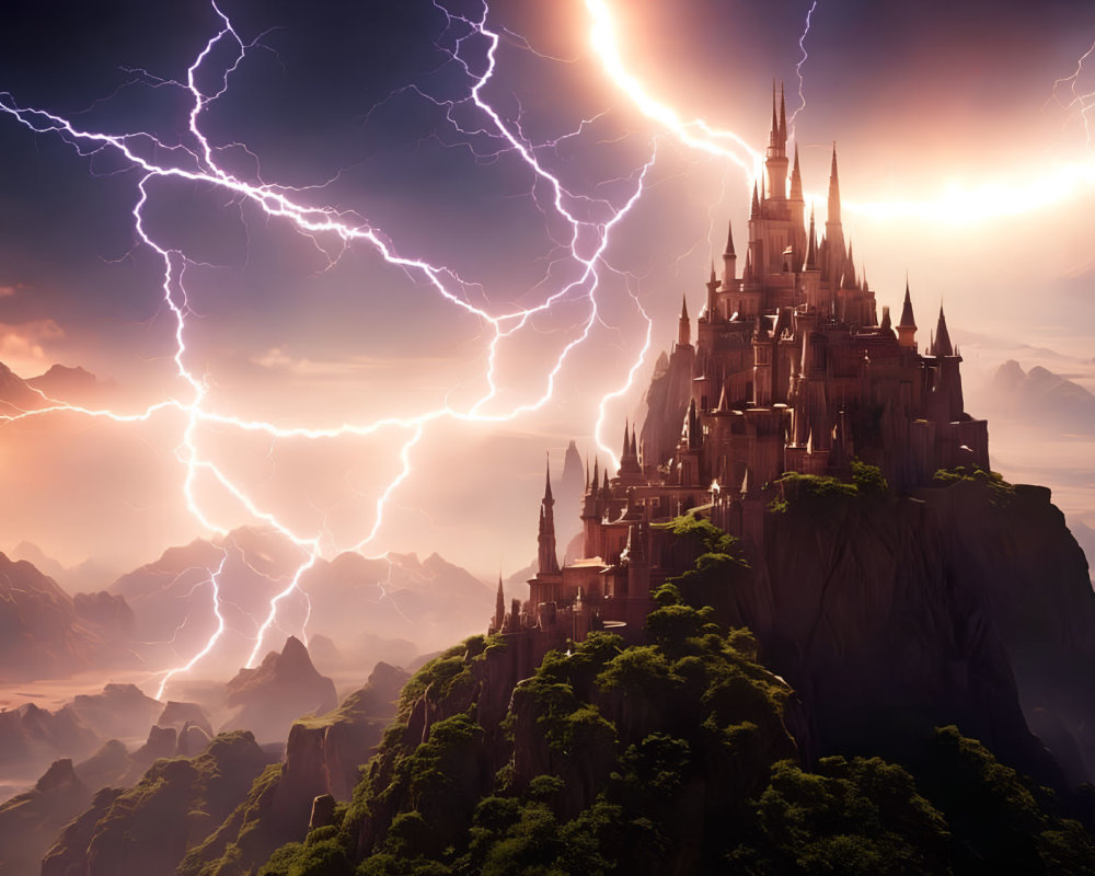 Majestic castle on steep mountain under dramatic sky with lightning bolts