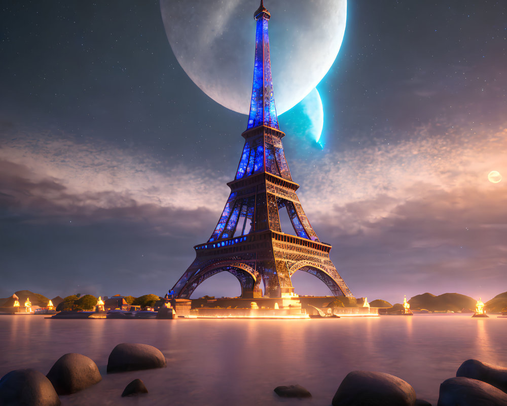 Iconic Eiffel Tower Night Scene with Moon, Water Reflection, Rocks, and Starry Sky