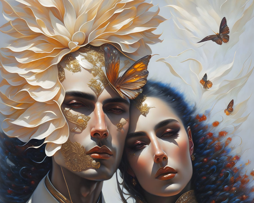 Surreal portrait of man and woman with gold details and butterflies