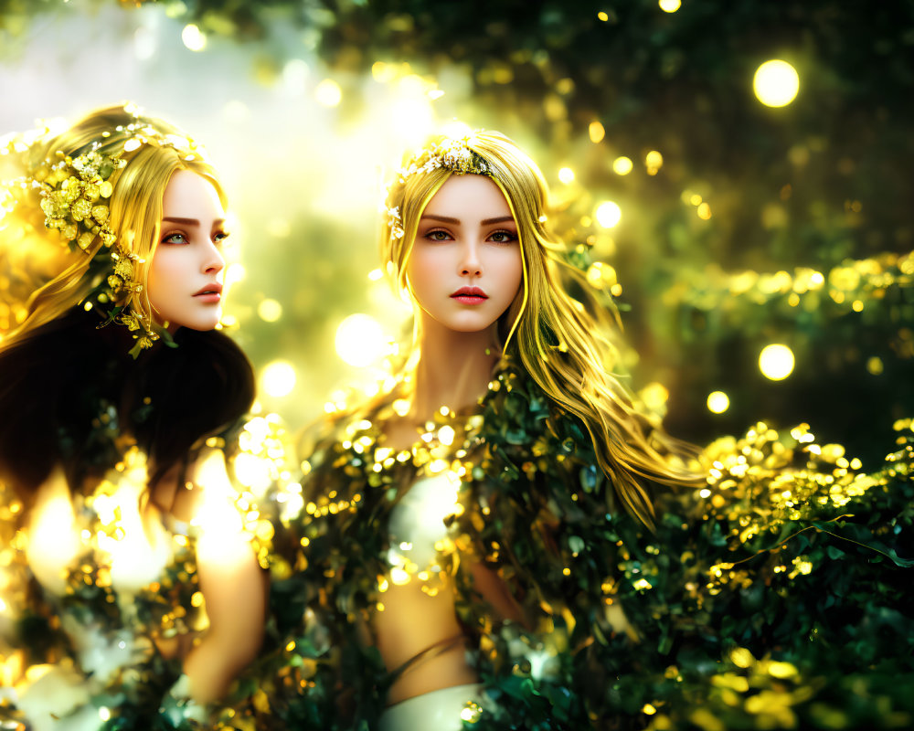 Ethereal women with golden crowns in mystical green setting