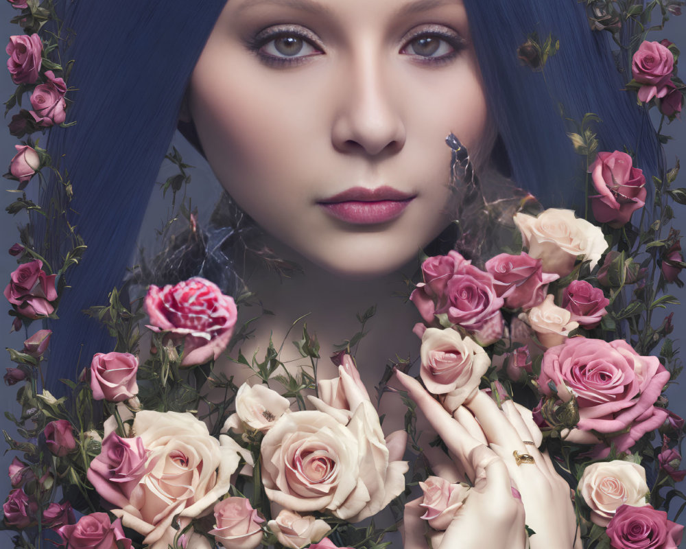 Serene woman with blue hair among pink and white roses on lavender background