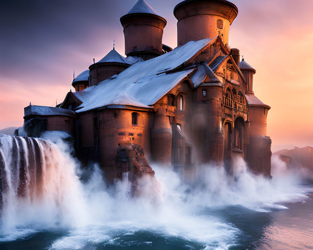 Medieval castle with turrets on waterfall in misty sunset.