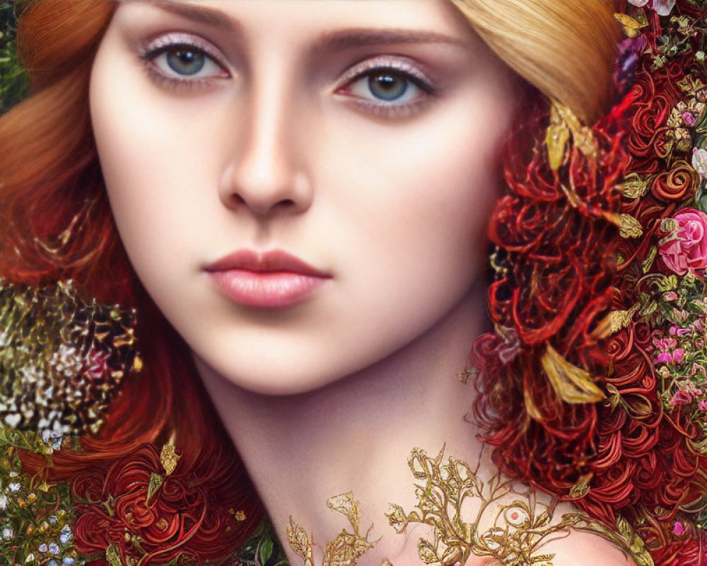 Portrait of Woman with Striking Blue Eyes and Red Hair Surrounded by Flowers