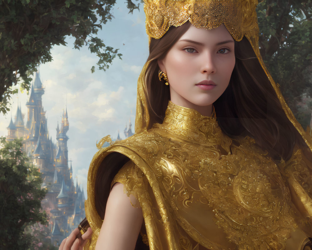 Regal woman in gold royal attire with crown, serene expression, blurred castle backdrop