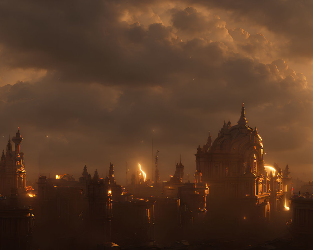 Majestic fantasy cityscape with baroque architecture at dusk