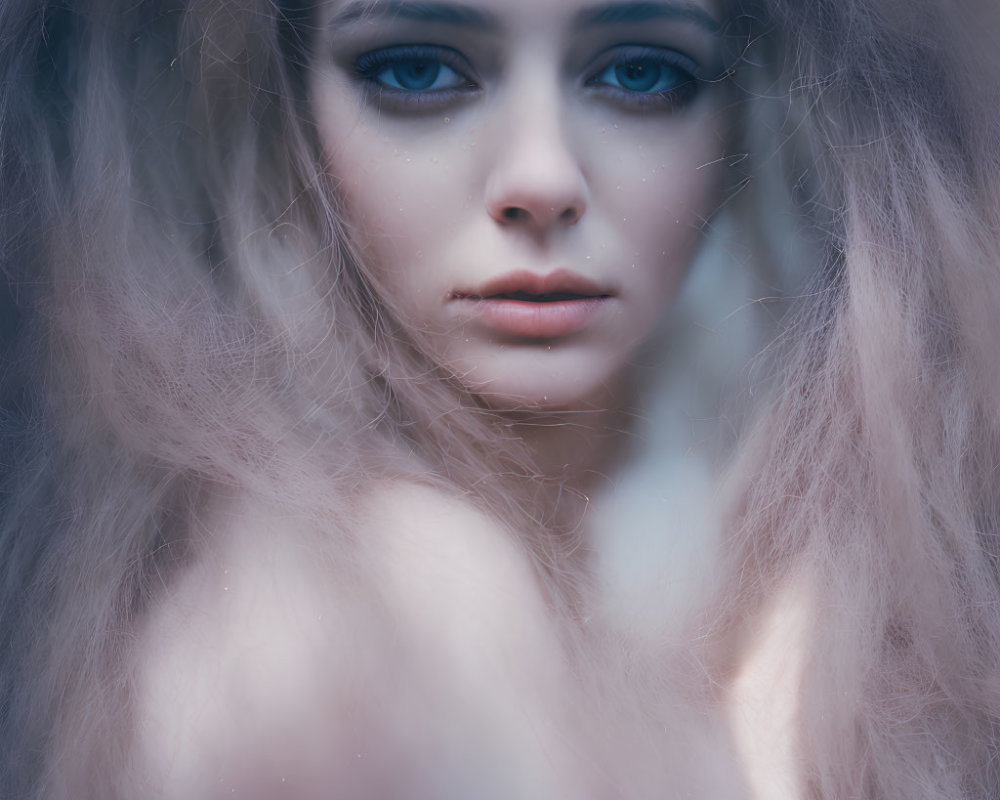 Intense blue-eyed woman with disheveled hair in haunting portrait