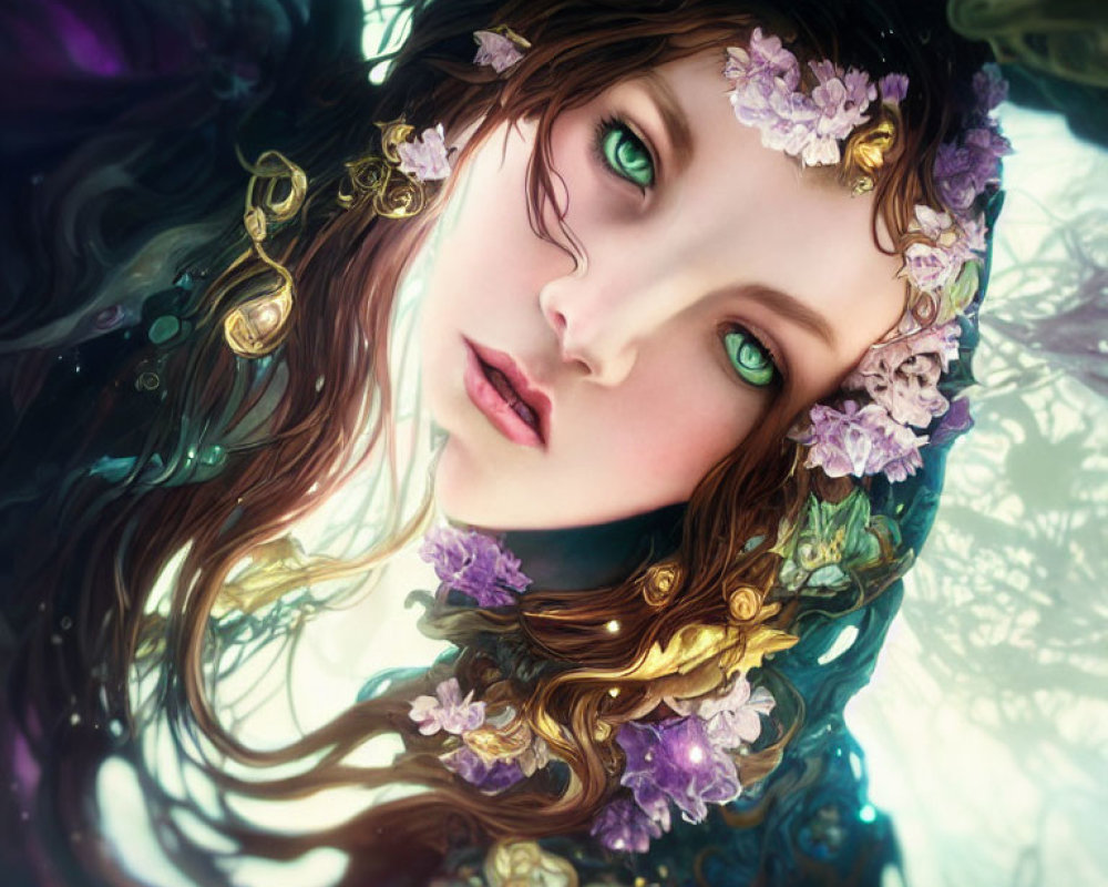 Digital portrait of woman with green eyes, floral wreath, gold earrings, and flowing brown hair.