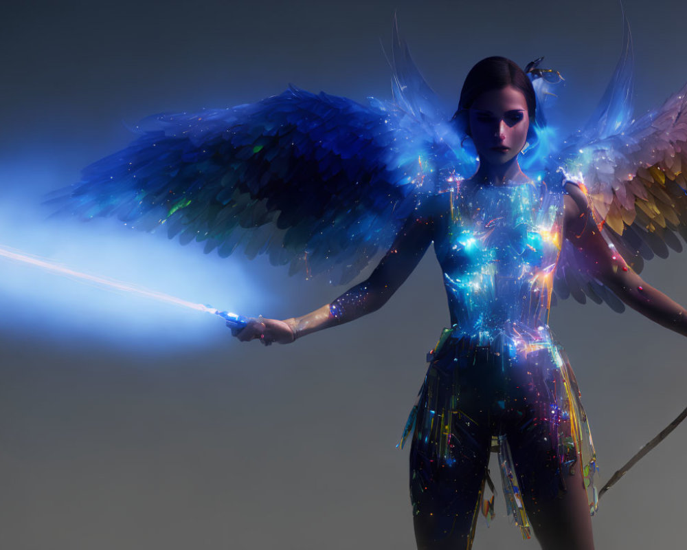 Multicolored glowing wings on a woman with a light sword in dark ethereal space