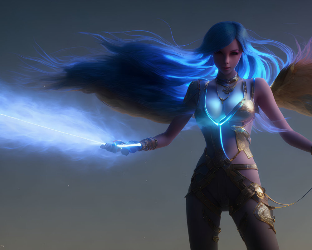 Fantasy digital art of female warrior with blue hair and luminous sword