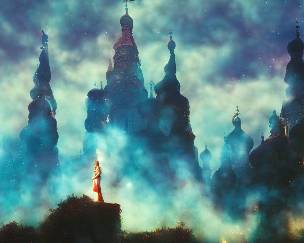 Silhouetted figure in fantastical nightscape with castles, mist, and fiery sky