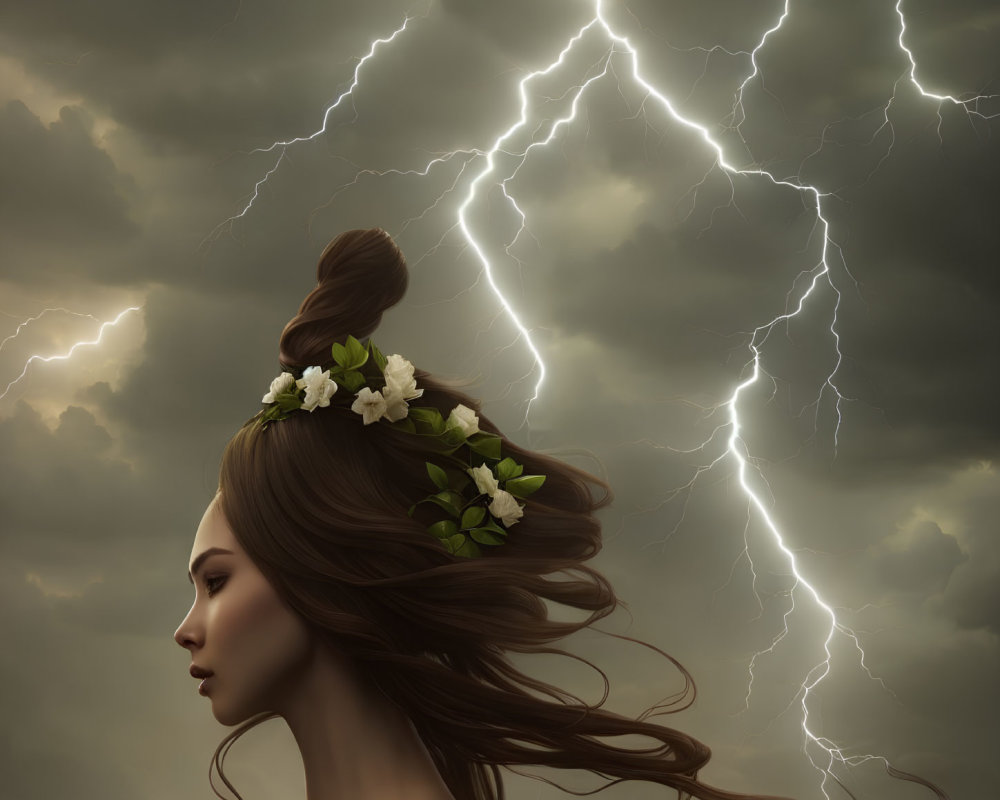 Portrait of woman with flower hair against stormy sky.