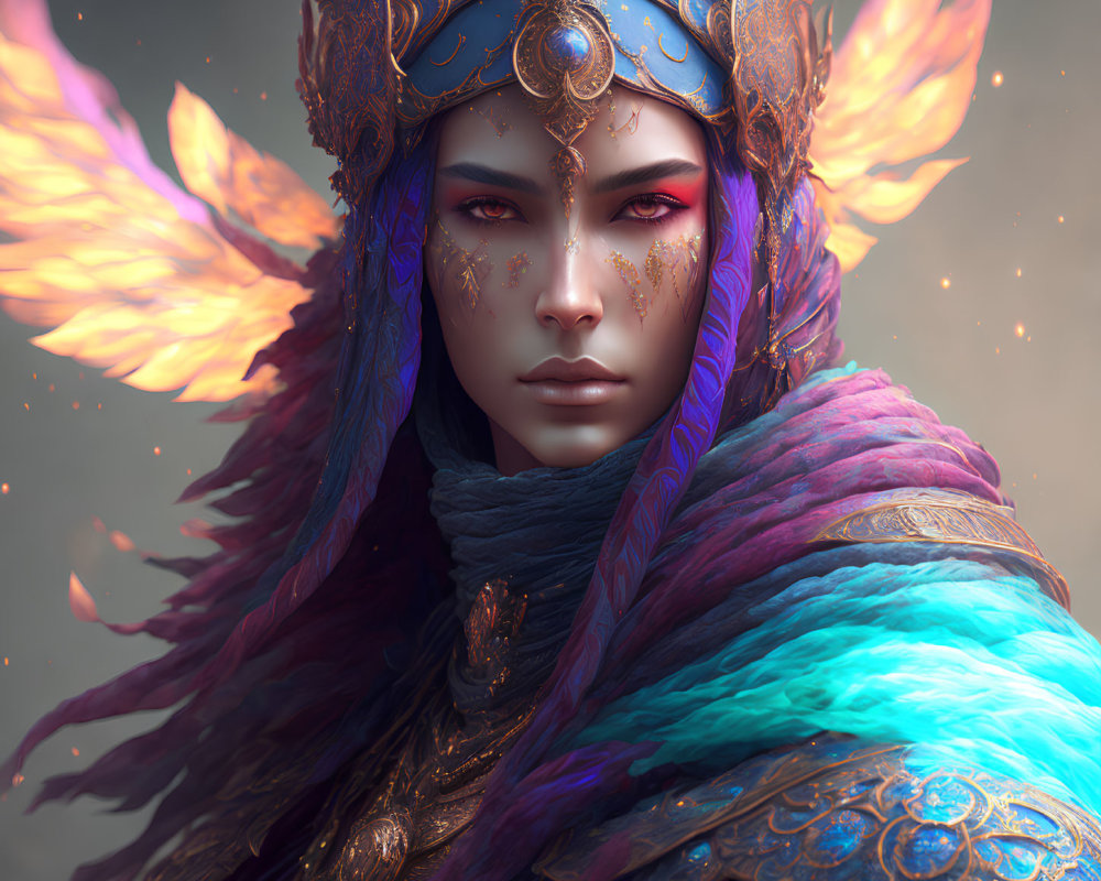 Fantasy character in blue and gold armor with multicolored feathered wings and intricate face markings