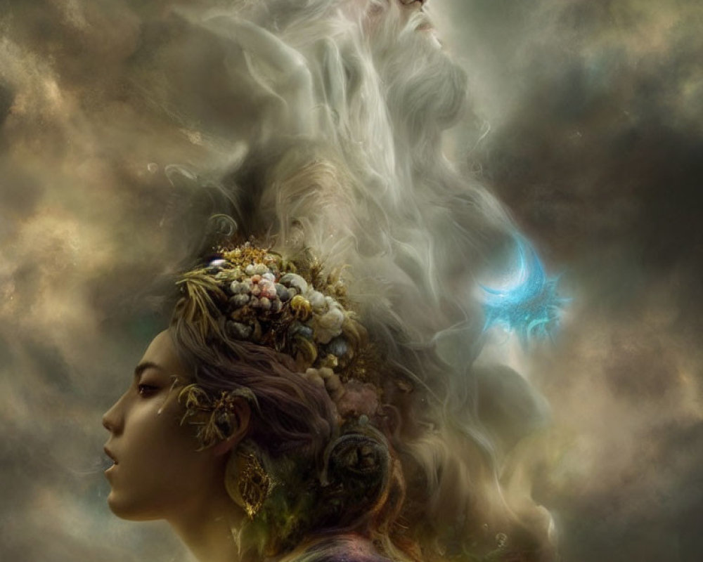 Ethereal woman with flower crown beside mystical cloud figure