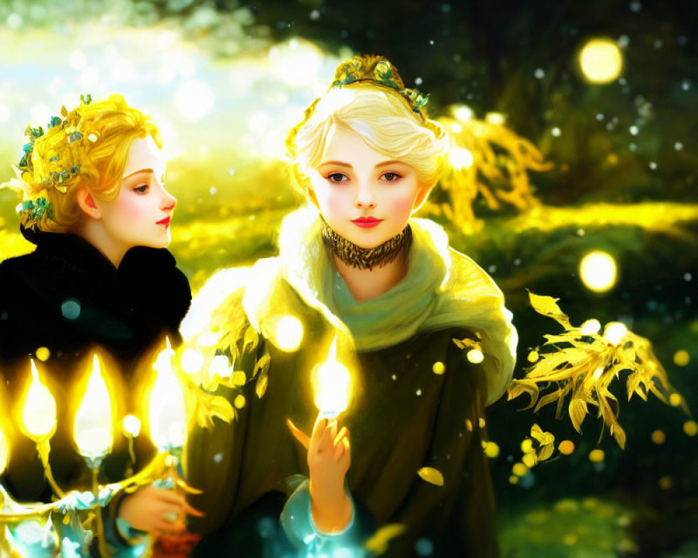 Illustrated women in magical forest with candle and glowing lights