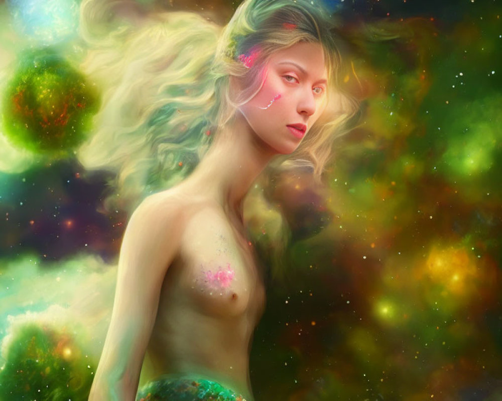 Cosmic-themed portrait of a woman with glowing hair on starry background