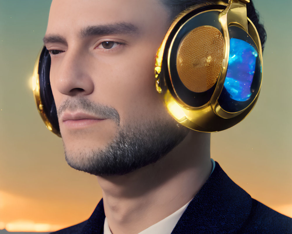 Bearded man in dark suit with gold cosmic headphones at sunset