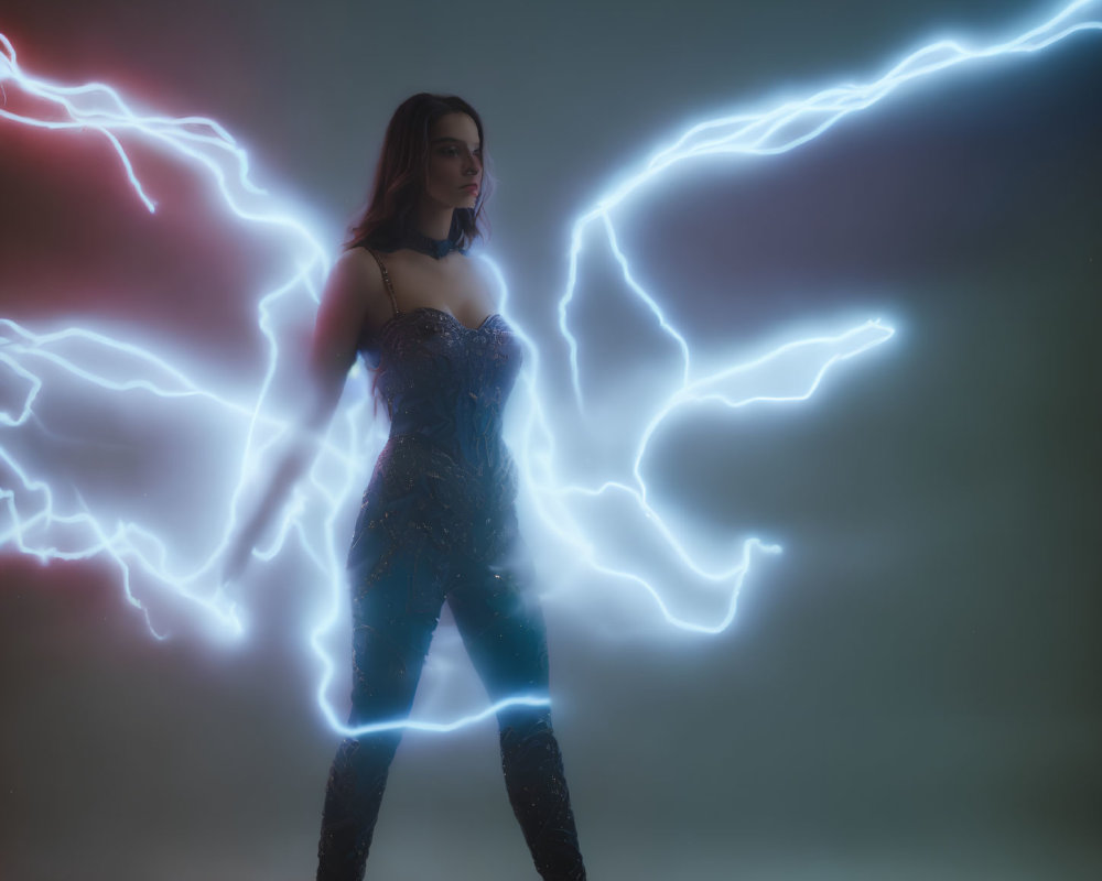 Sparkling bodysuit woman poses with neon lightning bolts