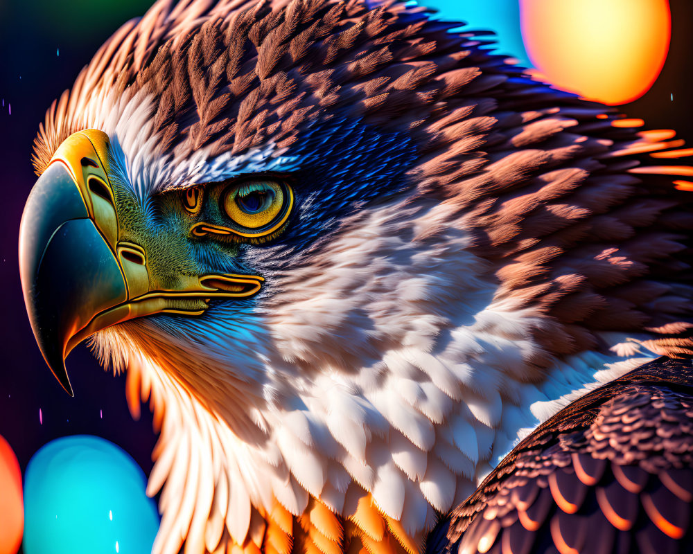 Detailed Eagle Head with Sharp Eyes and Yellow Beak on Bokeh Background