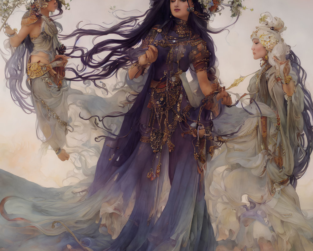 Ethereal women in ornate garb with whimsical swirls