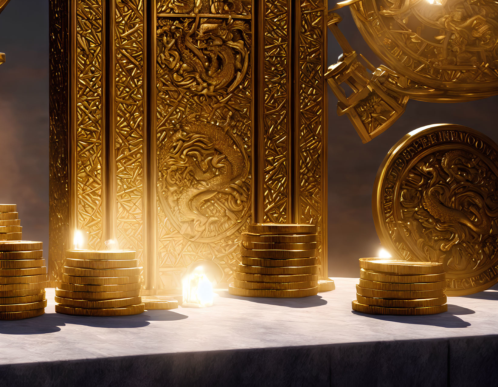Intricate golden door surrounded by coins and orbs depicts fantasy treasure vault