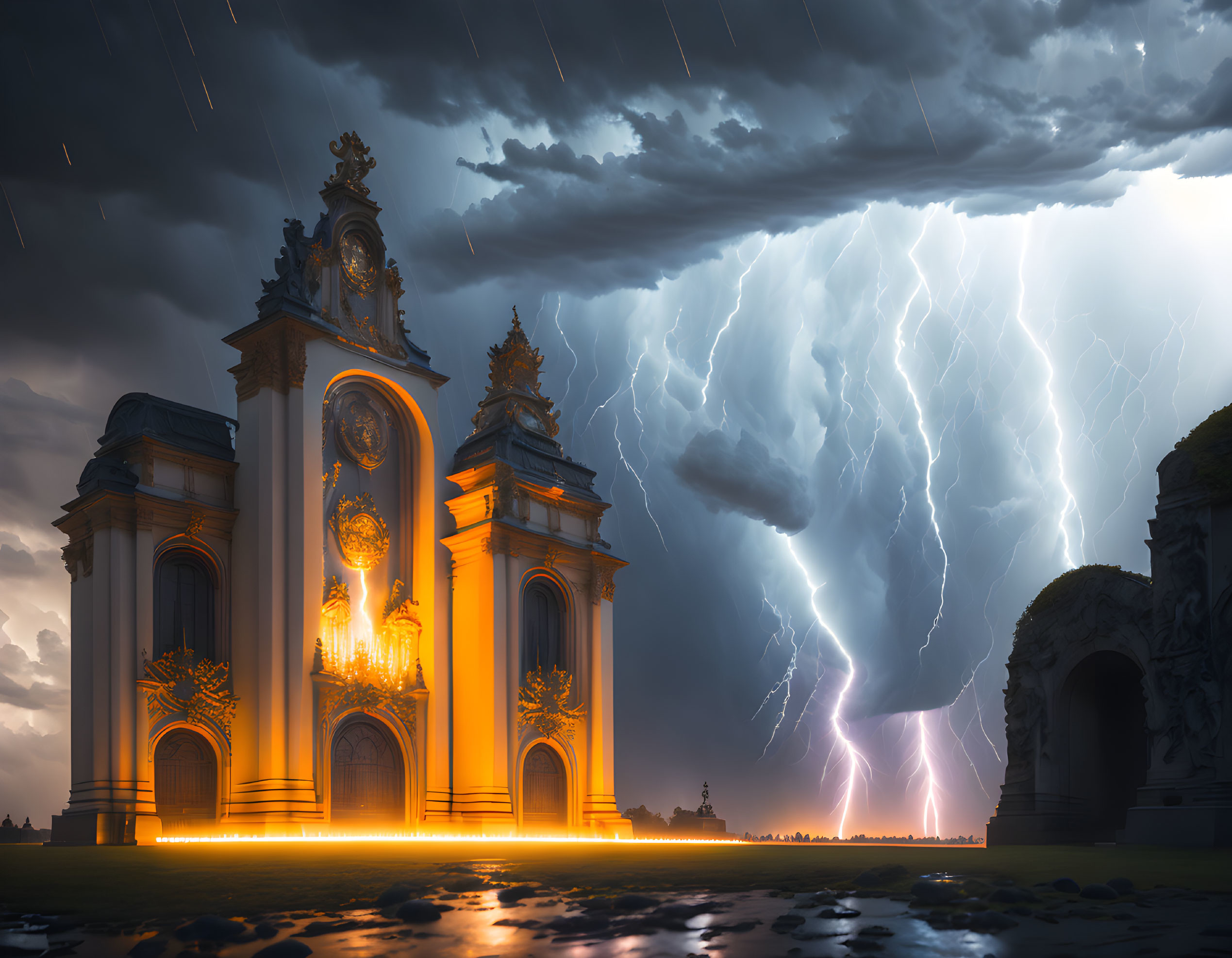 Baroque gate under stormy sky with lightning bolts