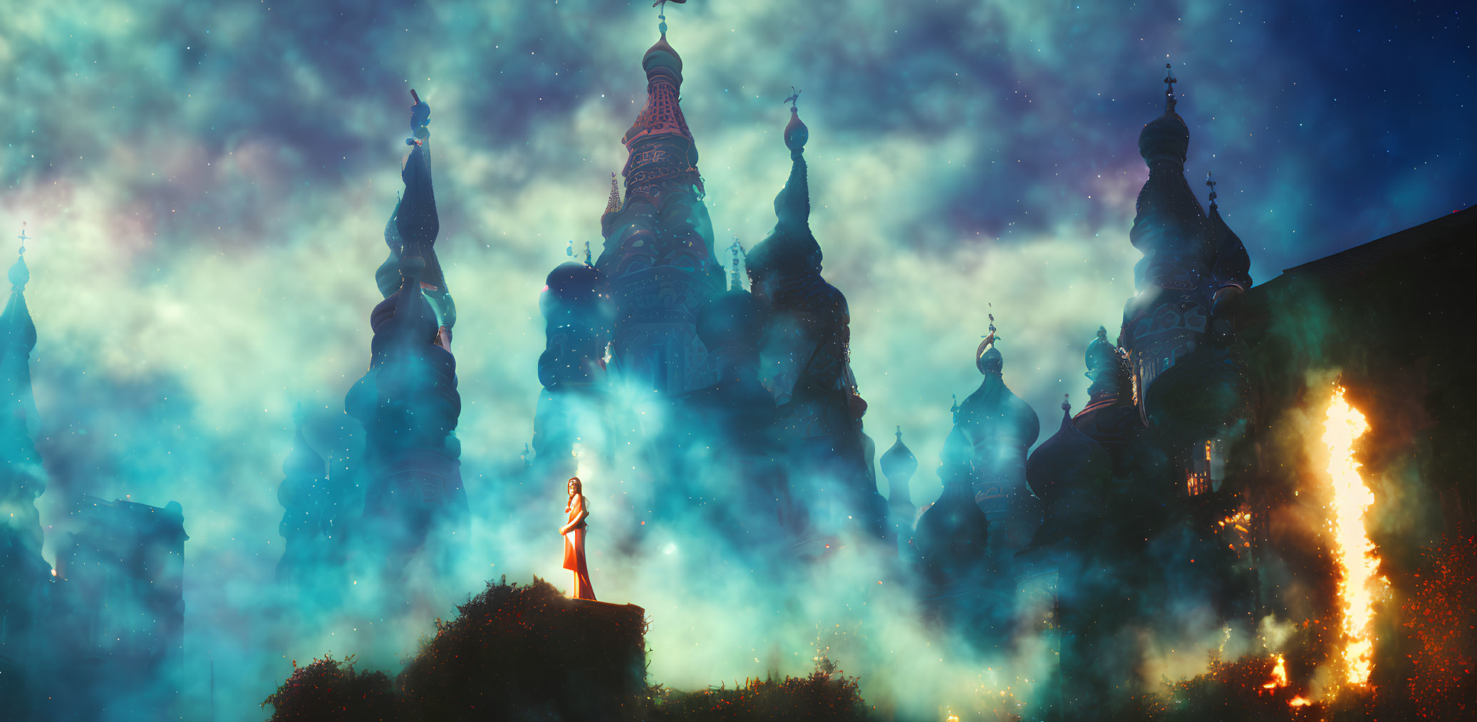 Silhouetted figure in fantastical nightscape with castles, mist, and fiery sky