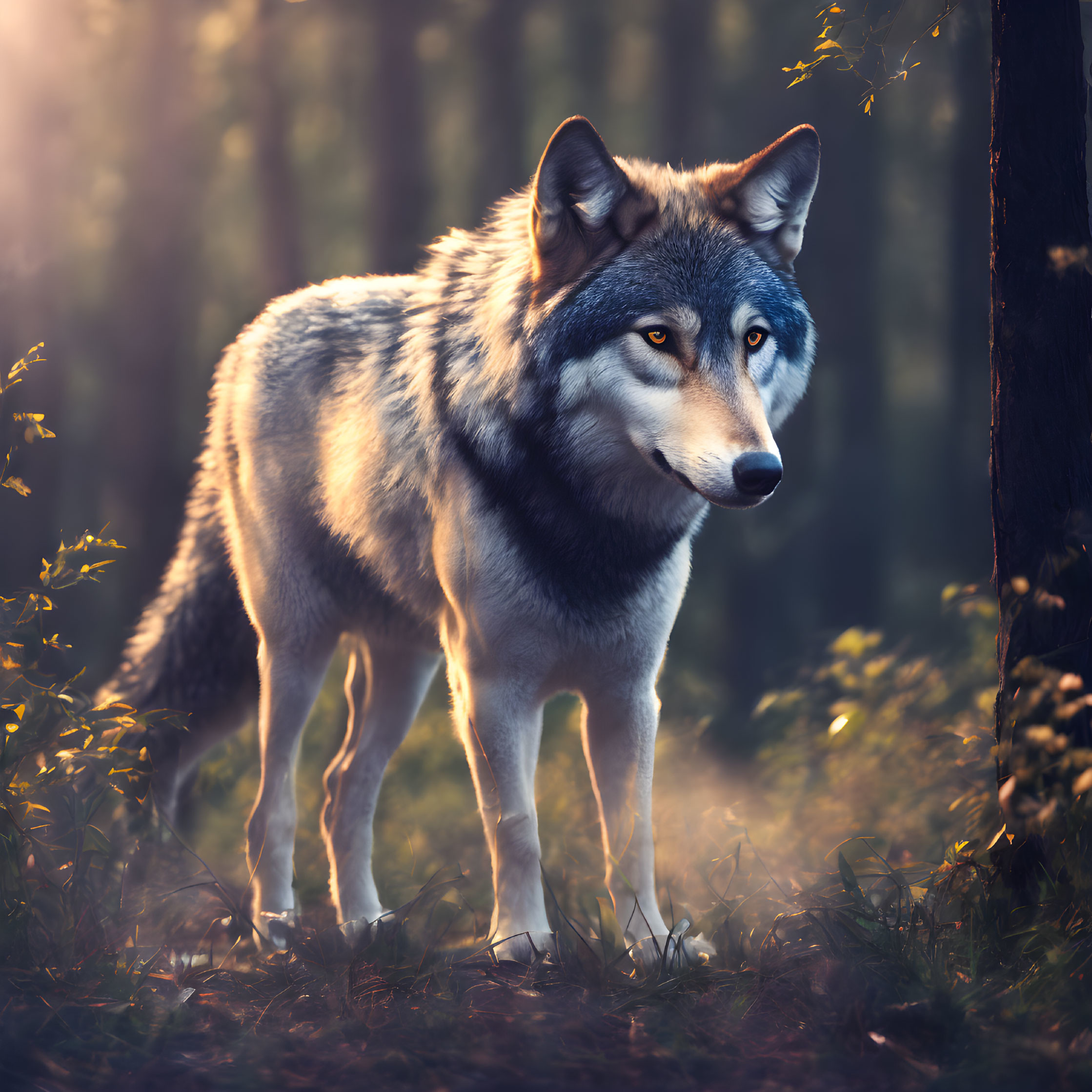Mystical forest scene: Wolf in dappled sunlight
