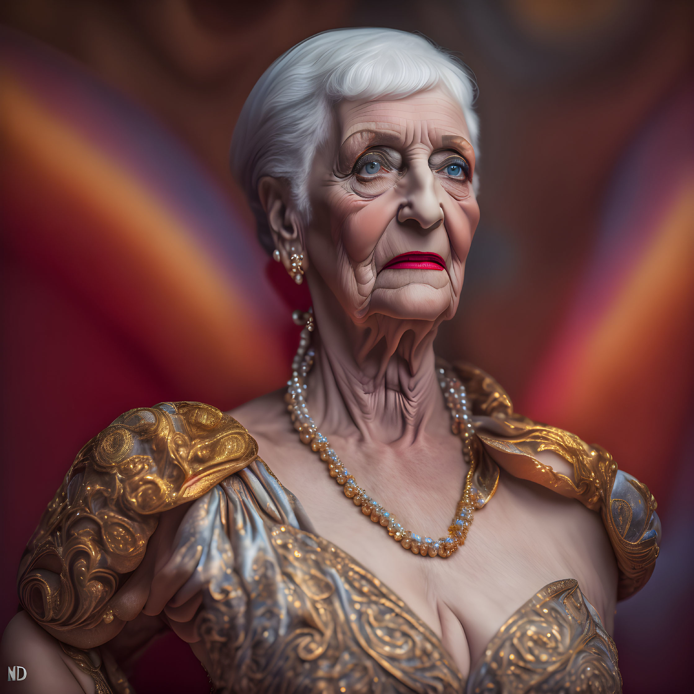 Elderly lady with blue eyes in golden dress against red backdrop