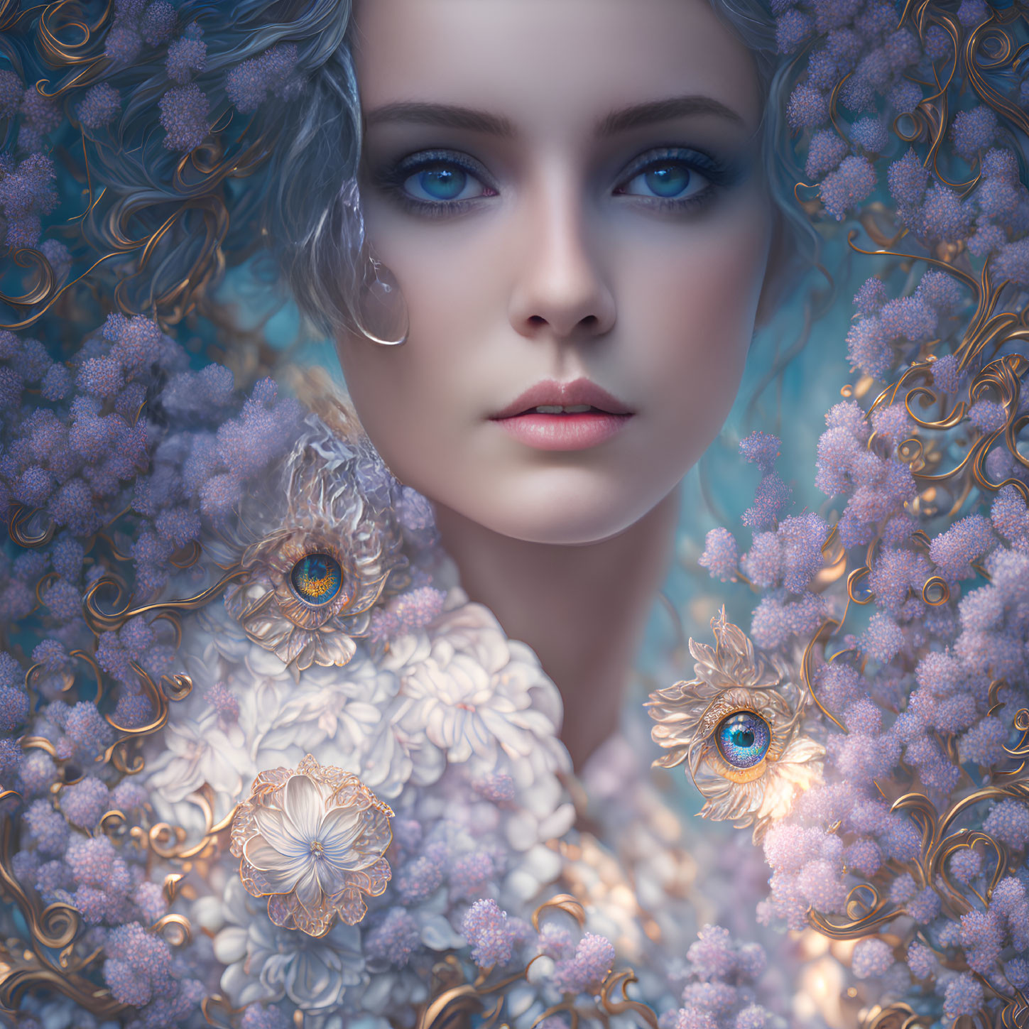 Digital portrait: Woman with blue eyes, floral and jewel details