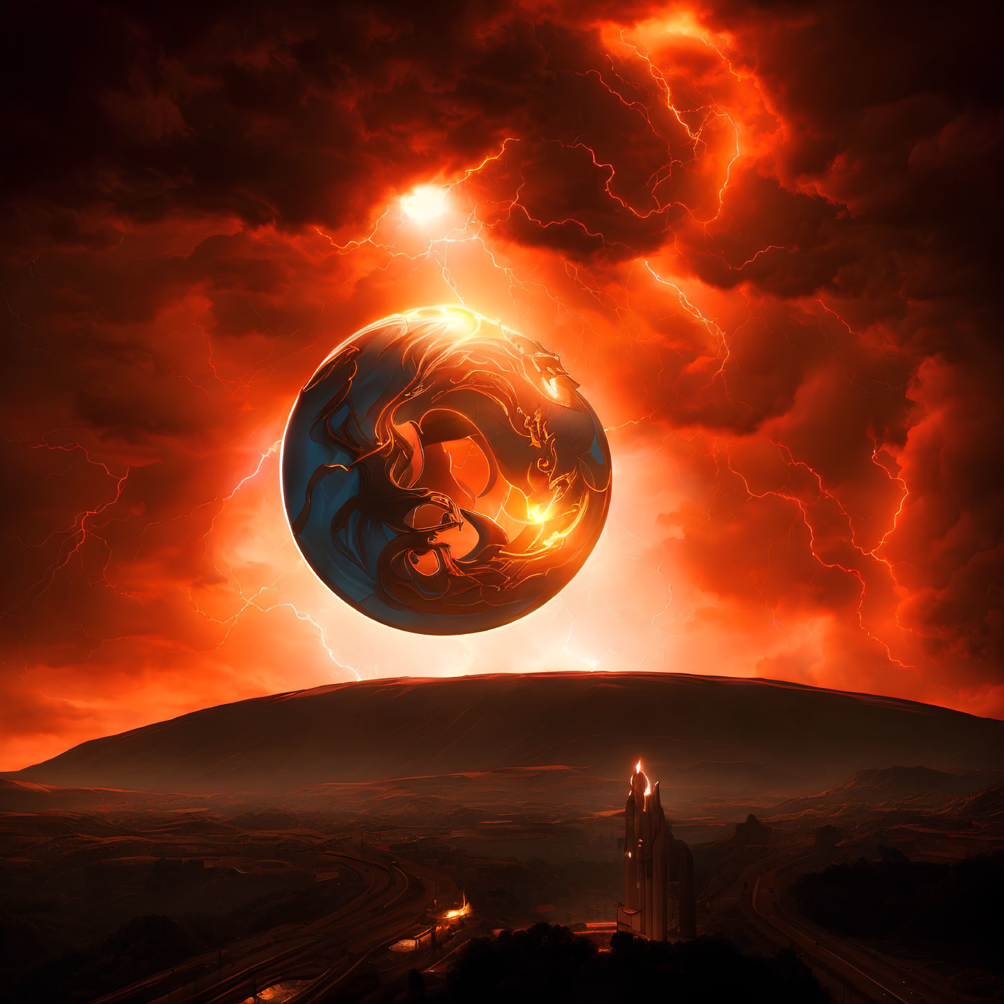 Surreal landscape with fiery yin-yang orb, thunderstorms, road, and futuristic tower