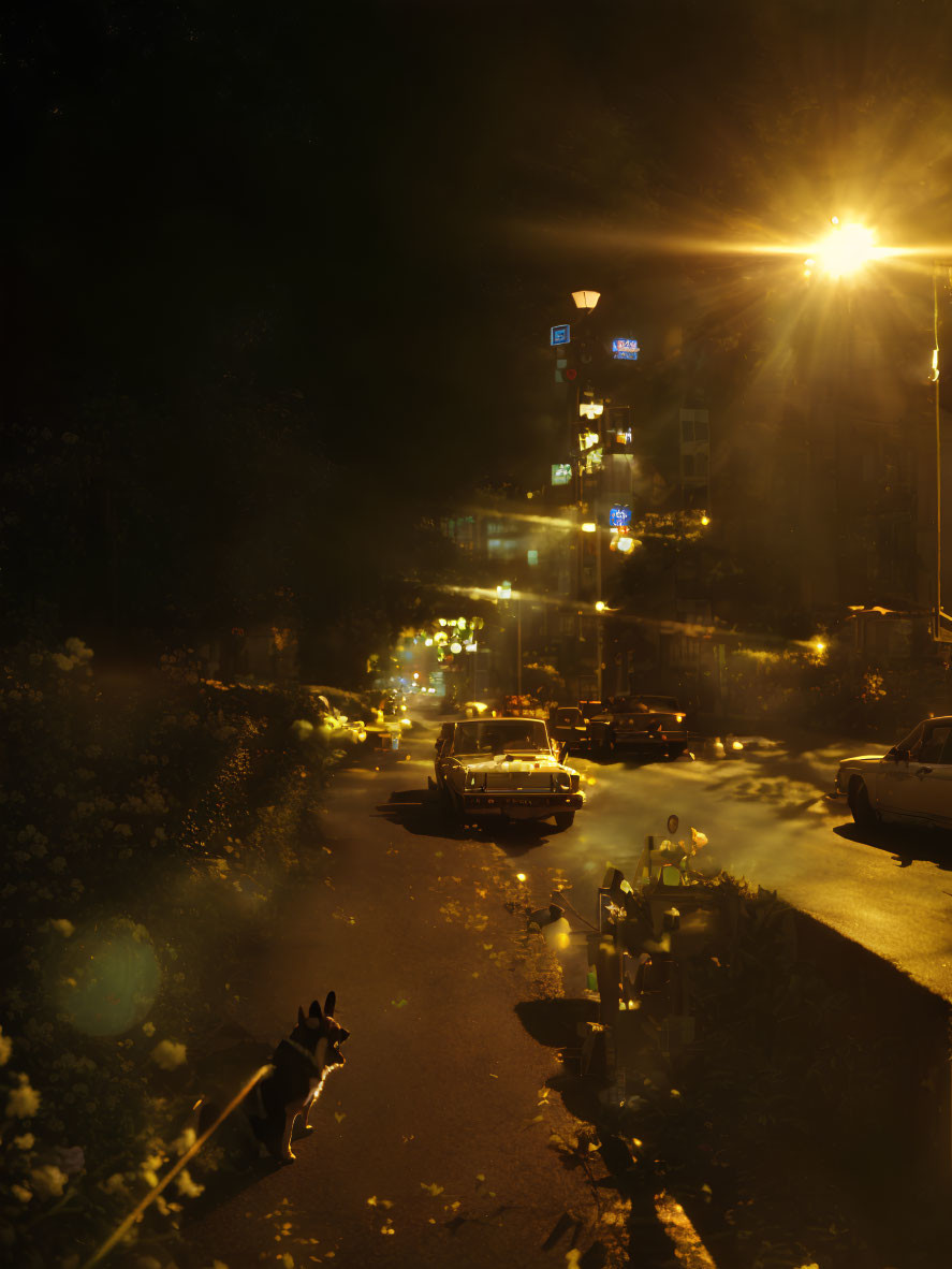 Nighttime city street with illuminated lights, parked cars, and a stray dog.