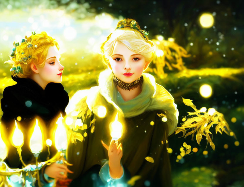Illustrated women in magical forest with candle and glowing lights