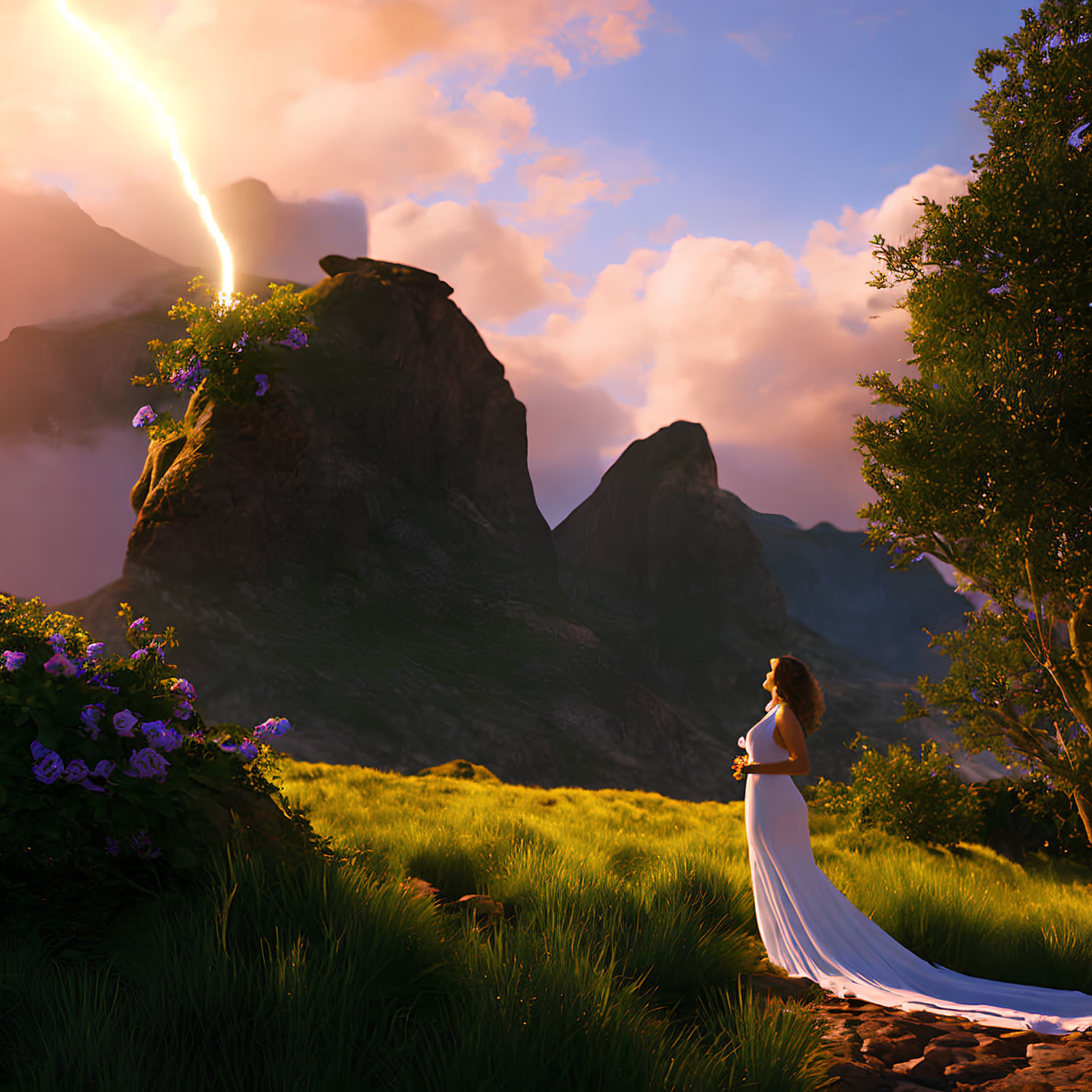 Woman in White Dress in Meadow with Mountains and Sunbeam