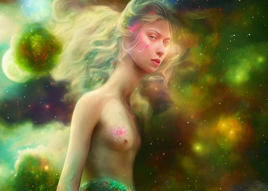 Cosmic-themed portrait of a woman with glowing hair on starry background