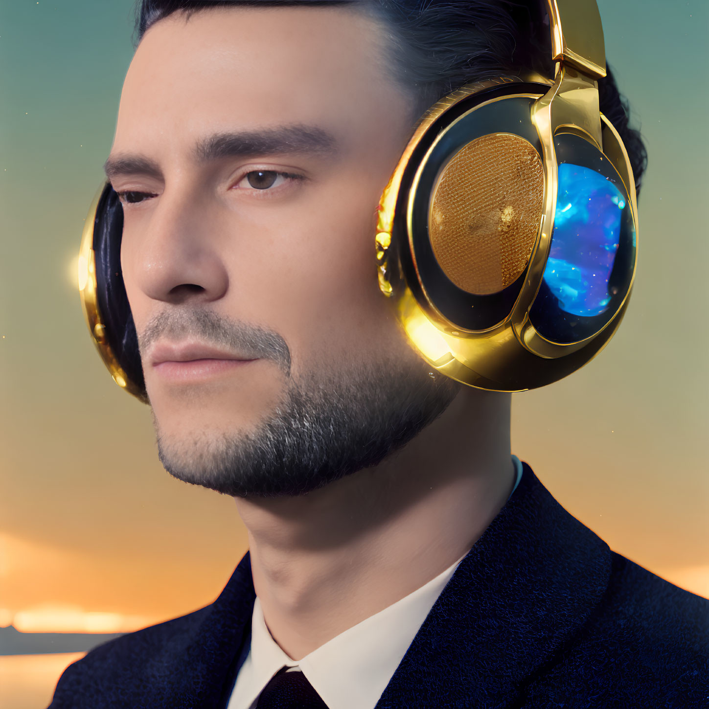 Bearded man in dark suit with gold cosmic headphones at sunset