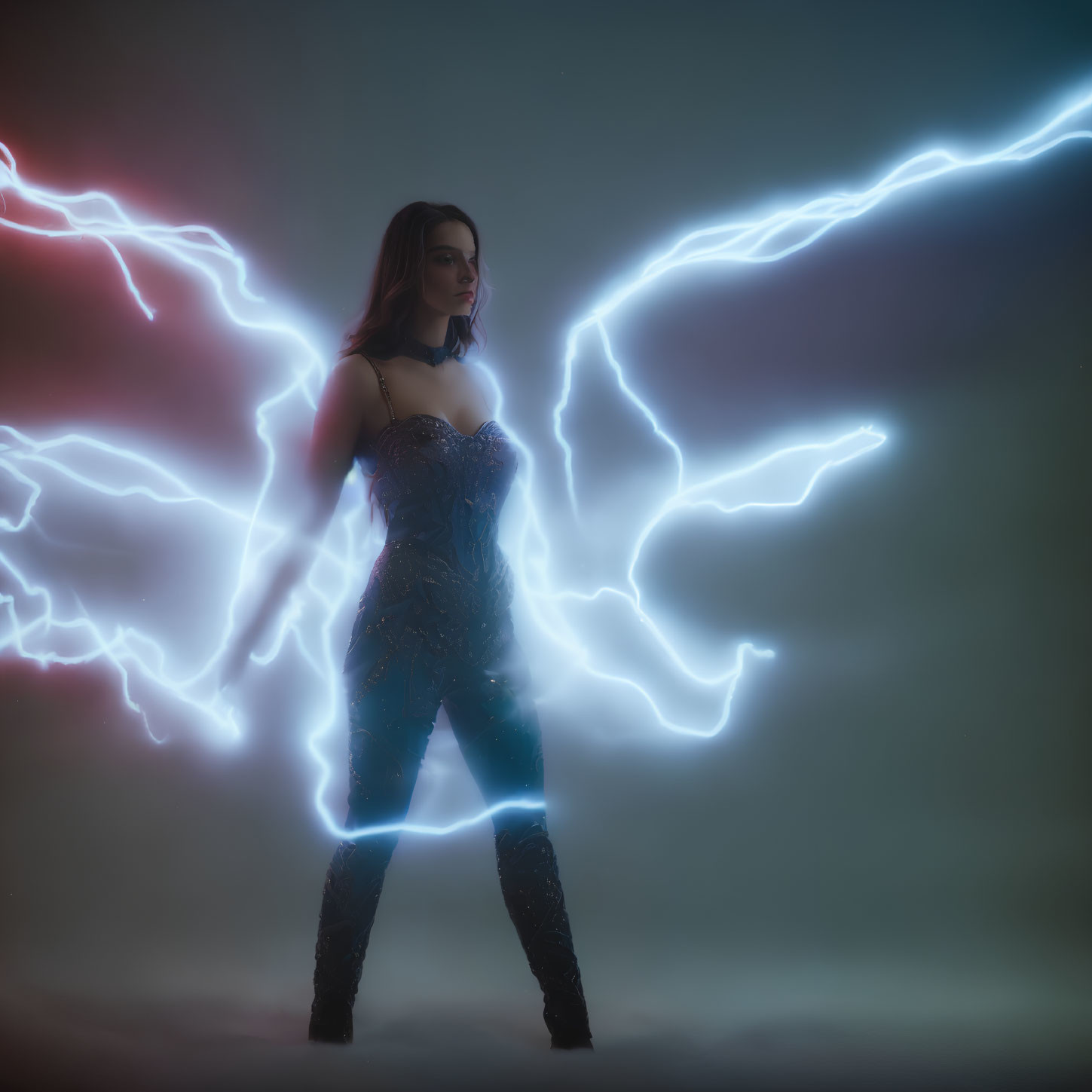 Sparkling bodysuit woman poses with neon lightning bolts