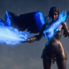 Female warrior with dark angel wings and lightning in golden armor.