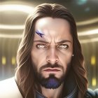 Man with Long Brown Hair and Blue Eyes in Digital Portrait