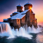 Medieval castle with turrets on waterfall in misty sunset.