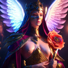 Majestic female figure with angelic wings and golden armor holding a rose surrounded by candlelight.