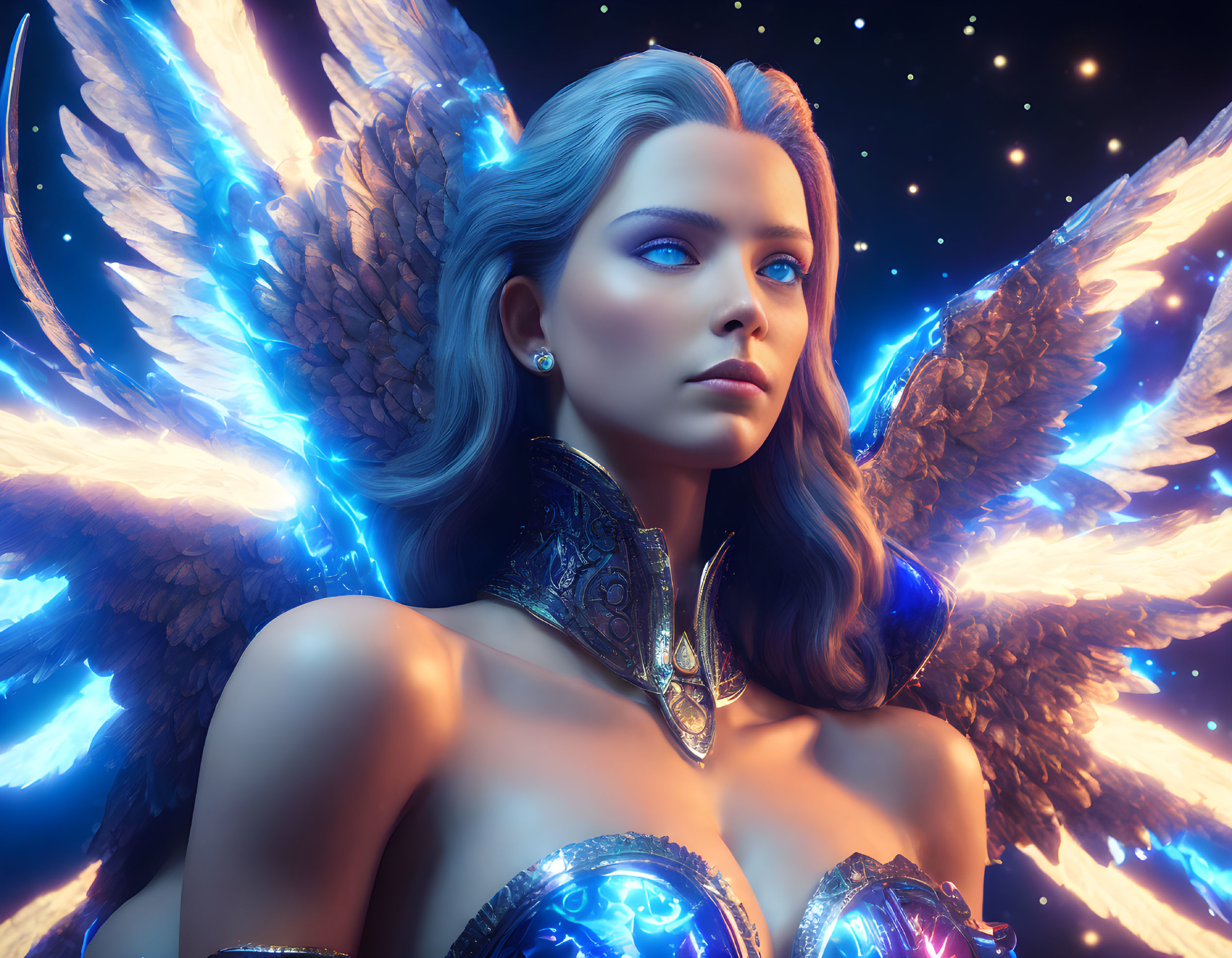 Digital artwork: Woman with blue eyes, angelic wings, and luminescent armor in cosmic backdrop