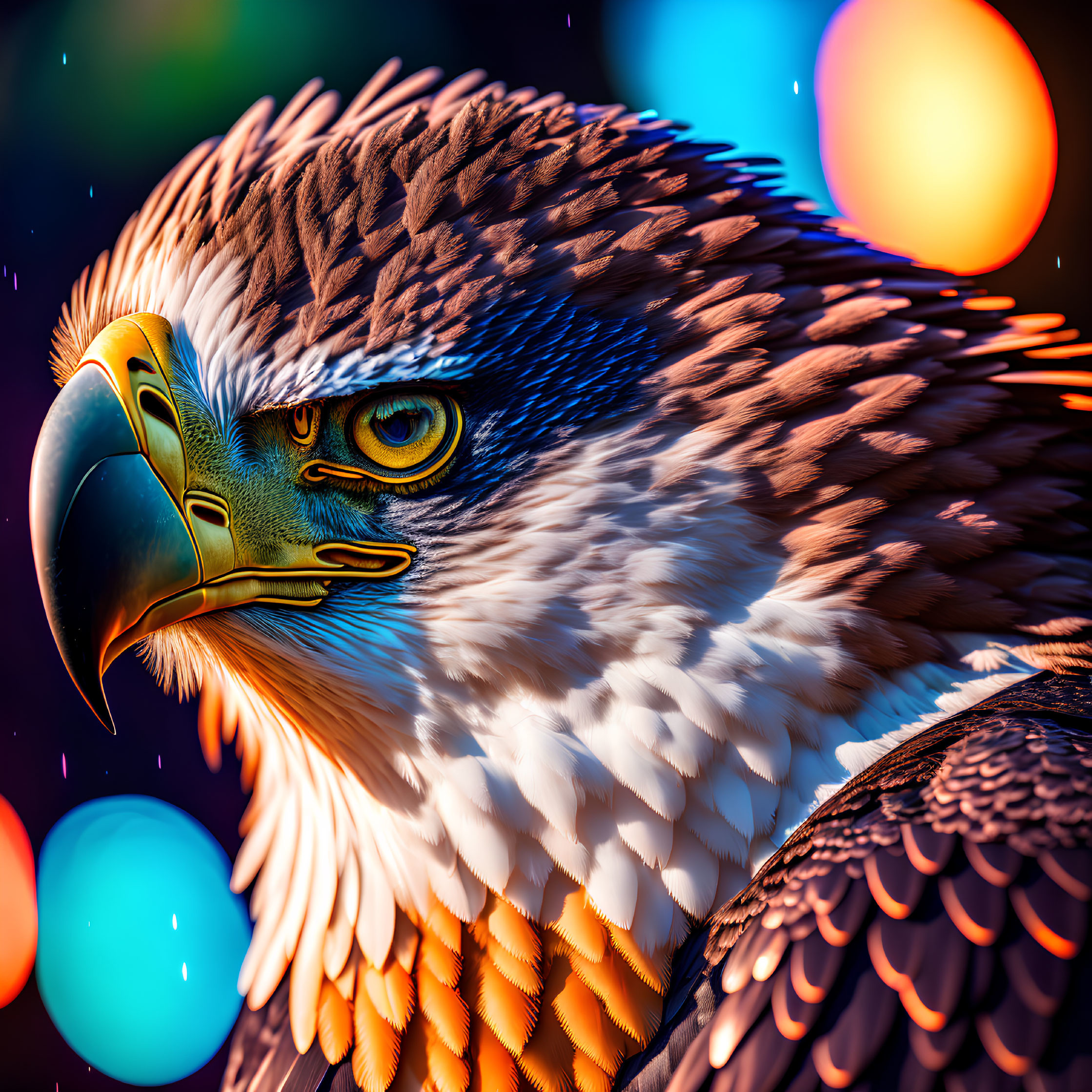 Detailed Eagle Head with Sharp Eyes and Yellow Beak on Bokeh Background