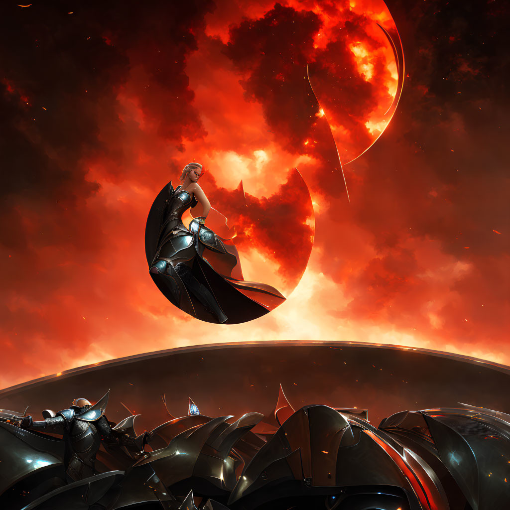 Futuristic warrior and allies on space structure with red planet in background