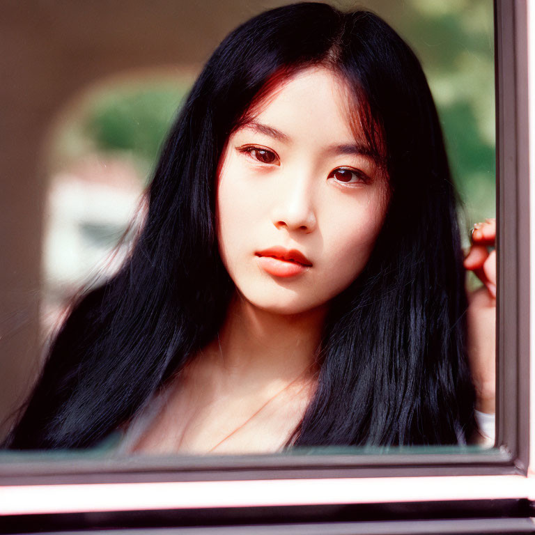 Woman with Long Black Hair Looking Through Window in Natural Light