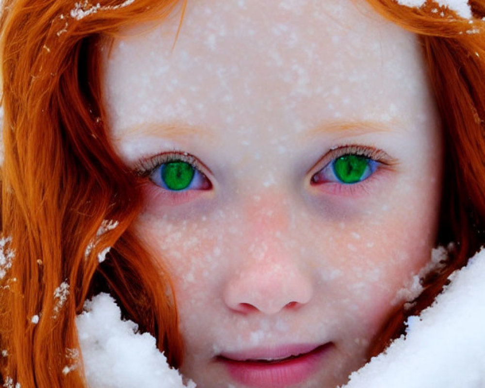 Close-up of person with vibrant red hair and green eyes in snowy setting