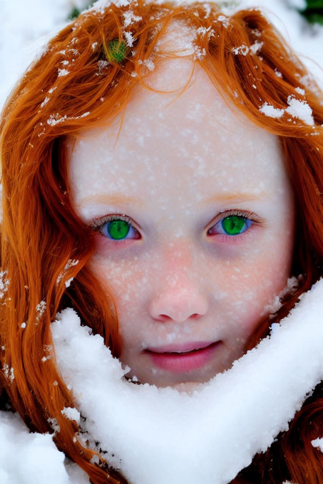 Close-up of person with vibrant red hair and green eyes in snowy setting